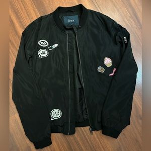 ONLY Blue Denim, Black Varsity Jacket, embroidered with patches, Size XS